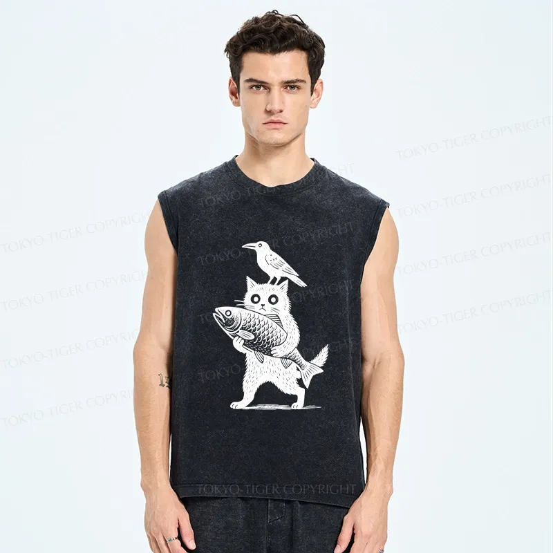 Tokyo-Tiger Black Animals Funny Washed Tank