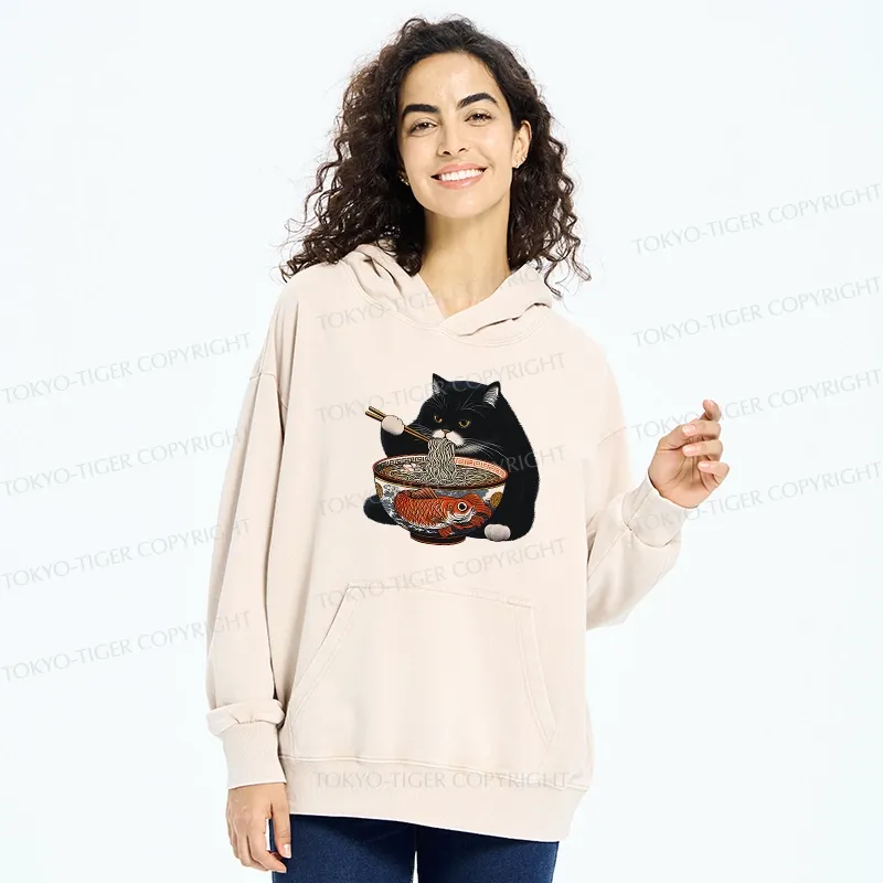 Tokyo-Tiger Fat Cat Eating Ramen Washed Hoodie