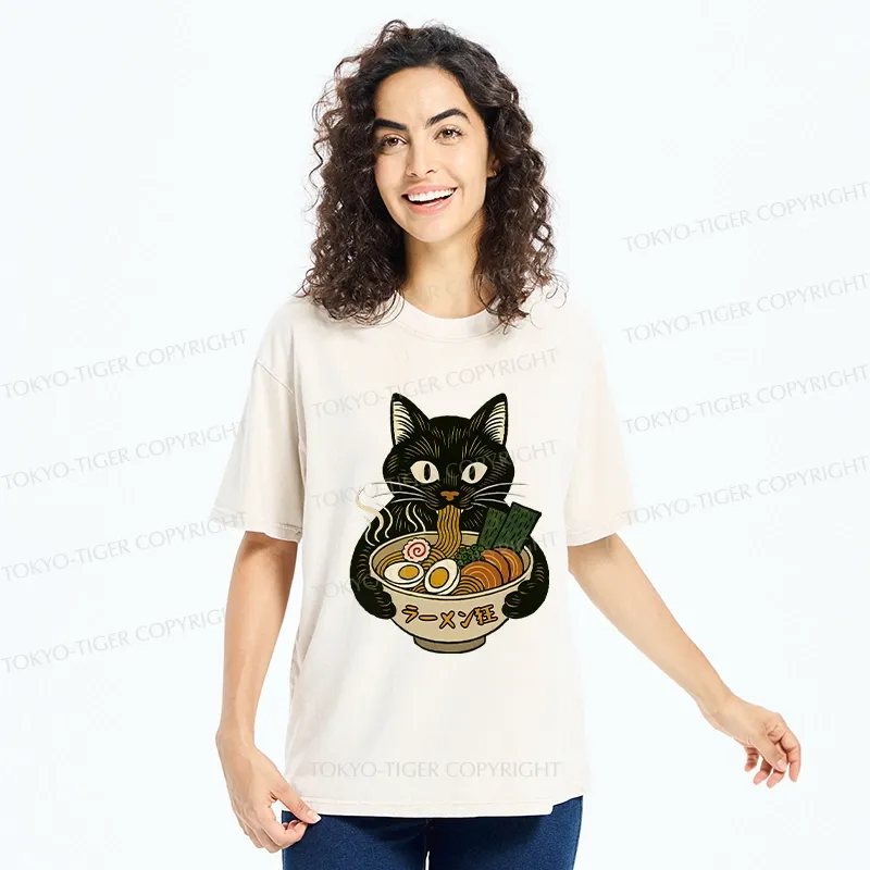 Tokyo-Tiger Ramen Fanatic Cat Washed T-Shirt