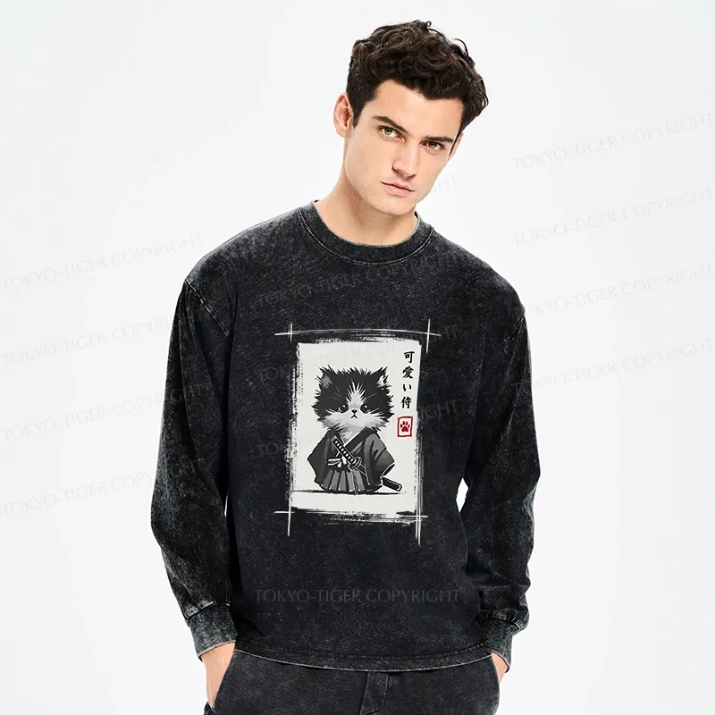 Tokyo-Tiger Kitten Samurai Washed Long Sleeve T-Shirt