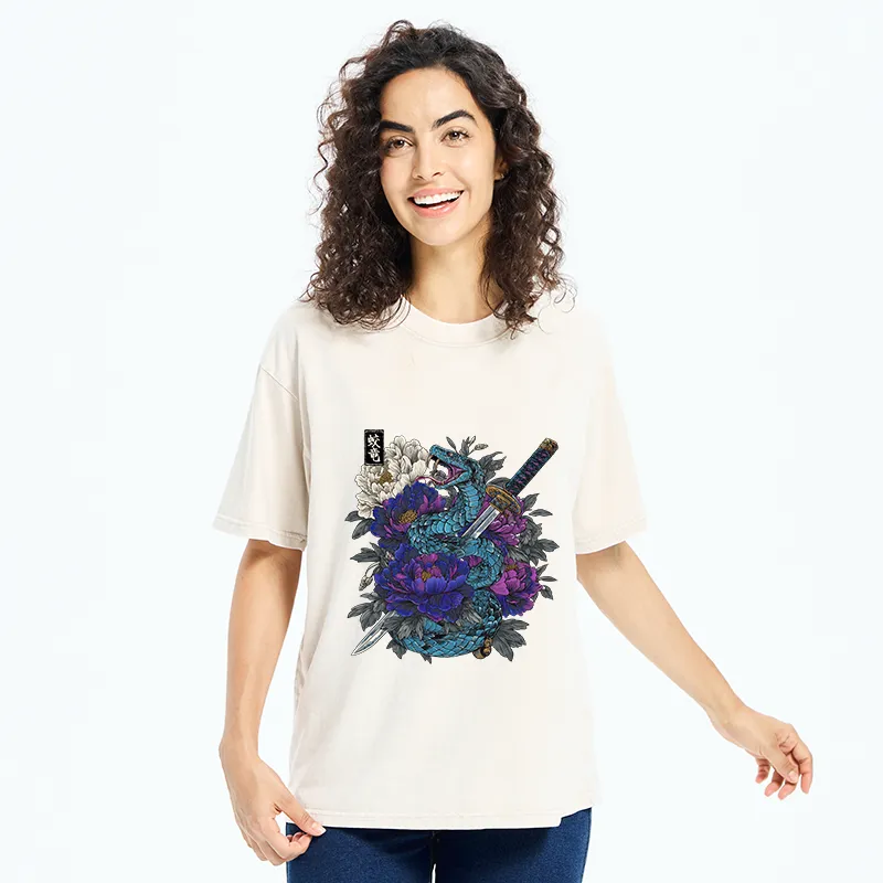 Tokyo-Tiger Snake Katana Japanese Washed T-Shirt