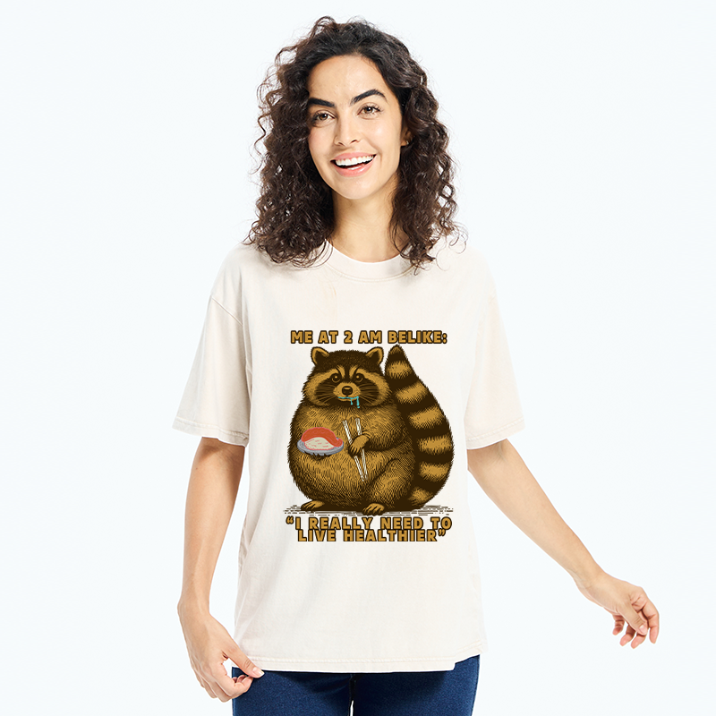 Tokyo-Tiger Fat Raccoon Eating Sushi Washed T-Shirt