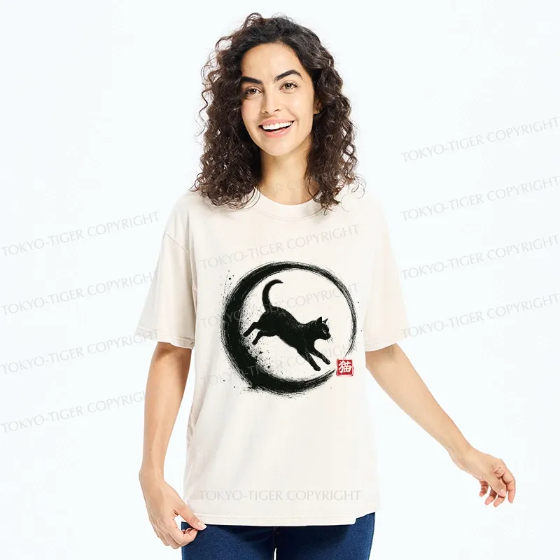 Tokyo-Tiger Retro Cat Enso Japanese Washed T-Shirt