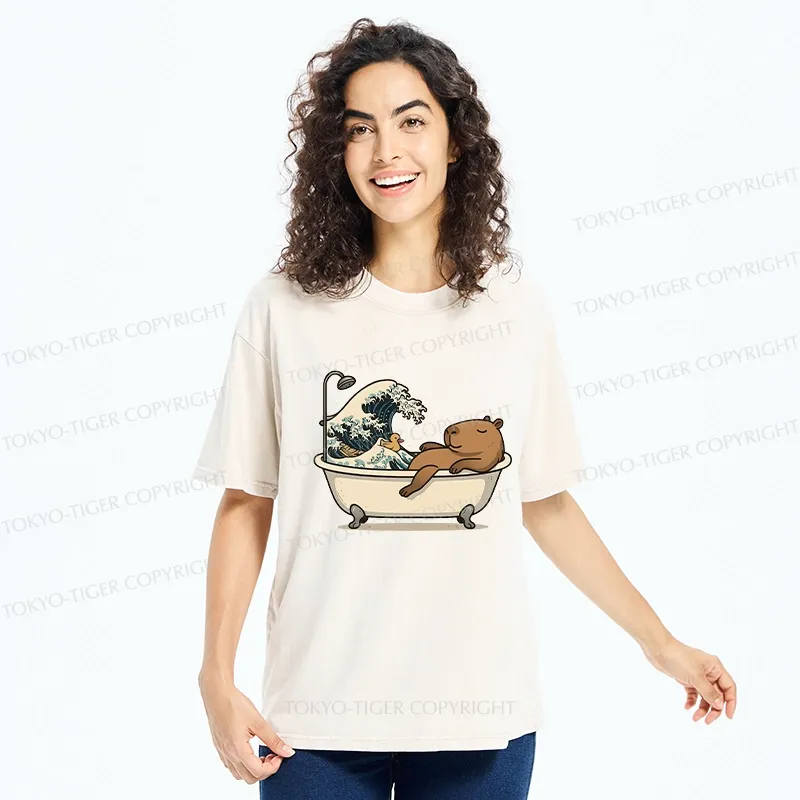 Tokyo-Tiger Funny Capybara Bathing Washed T-Shirt