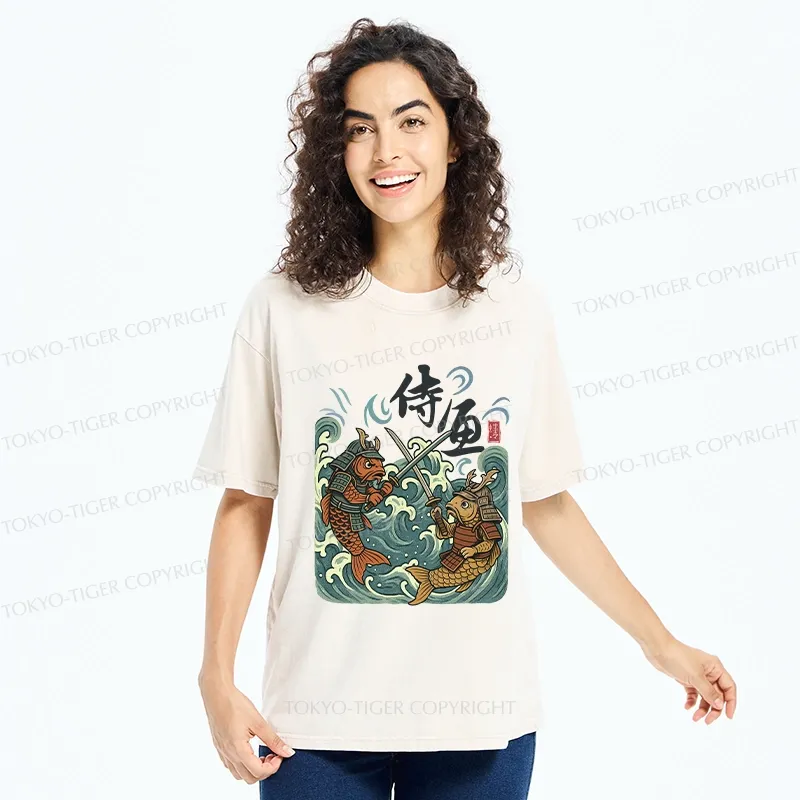 Tokyo-Tiger Japanese Samurai Fish Washed T-Shirt