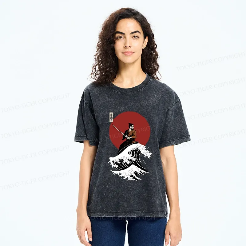 Tokyo-Tiger Surfing Japanese Samurai Washed T-Shirt