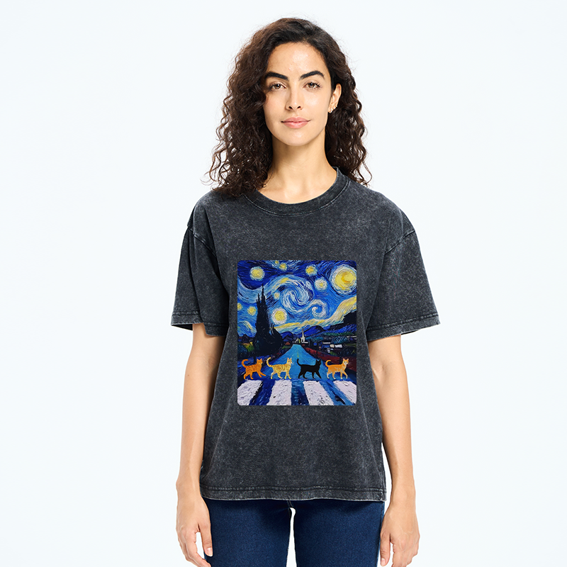 Tokyo-Tiger Starry Night Cat Washed T-Shirt