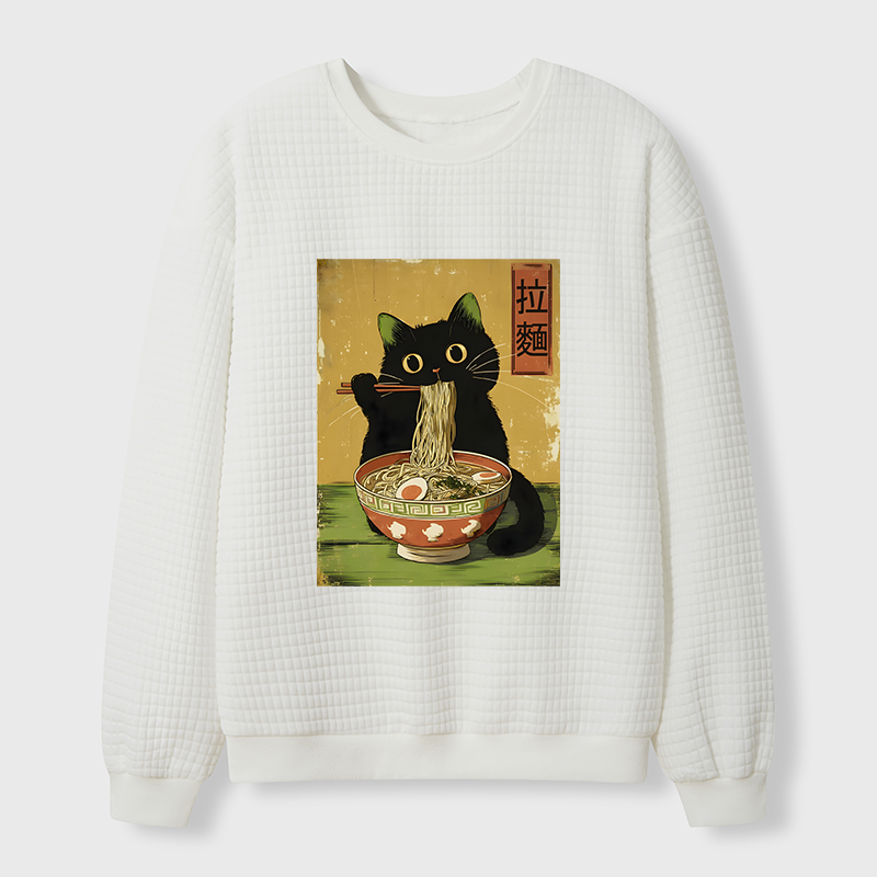 Tokyo-Tiger Vintage Japanese Cat Eating Ramen Waffle Sweatshirt