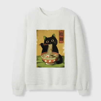 Tokyo-Tiger Vintage Japanese Cat Eating Ramen Waffle Sweatshirt