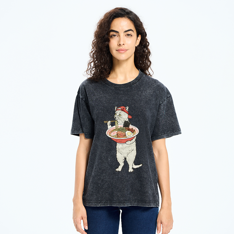 Tokyo-Tiger Ramen Enthusiast Cat Washed T-Shirt