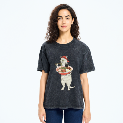 Tokyo-Tiger Ramen Enthusiast Cat Washed T-Shirt
