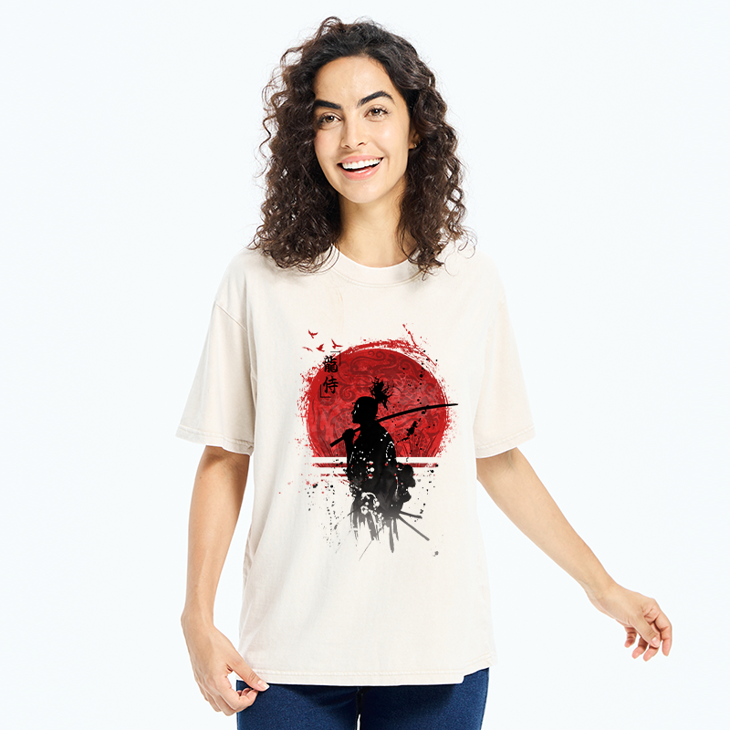Tokyo-Tiger Japanese Blood Moon Samurai Washed T-Shirt