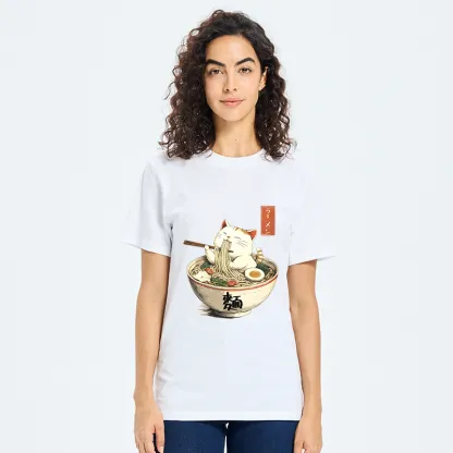 Tokyo-Tiger White Cat Eating Ramen Japan Classic T-Shirt