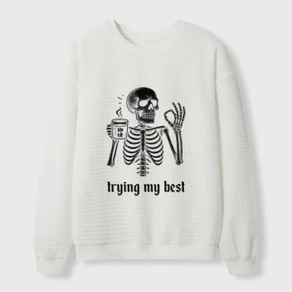 Tokyo-Tiger Skull Trying His Best Waffle Sweatshirt