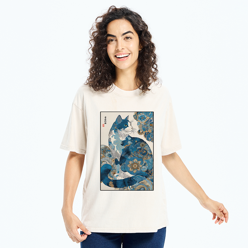 Tokyo-Tiger Japanese Ukiyo-e Flowers Cat Washed T-Shirt