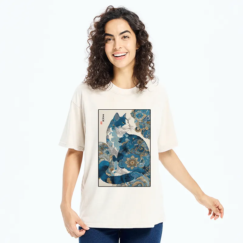 Tokyo-Tiger Japanese Ukiyo-e Flowers Cat Washed T-Shirt