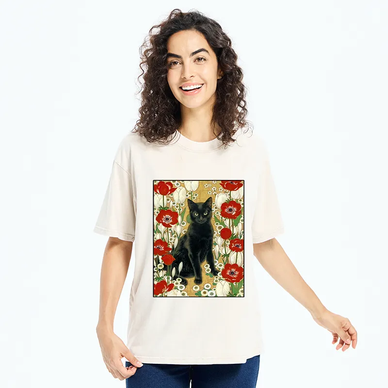 Tokyo-Tiger Black Cat In The Garden Washed T-Shirt