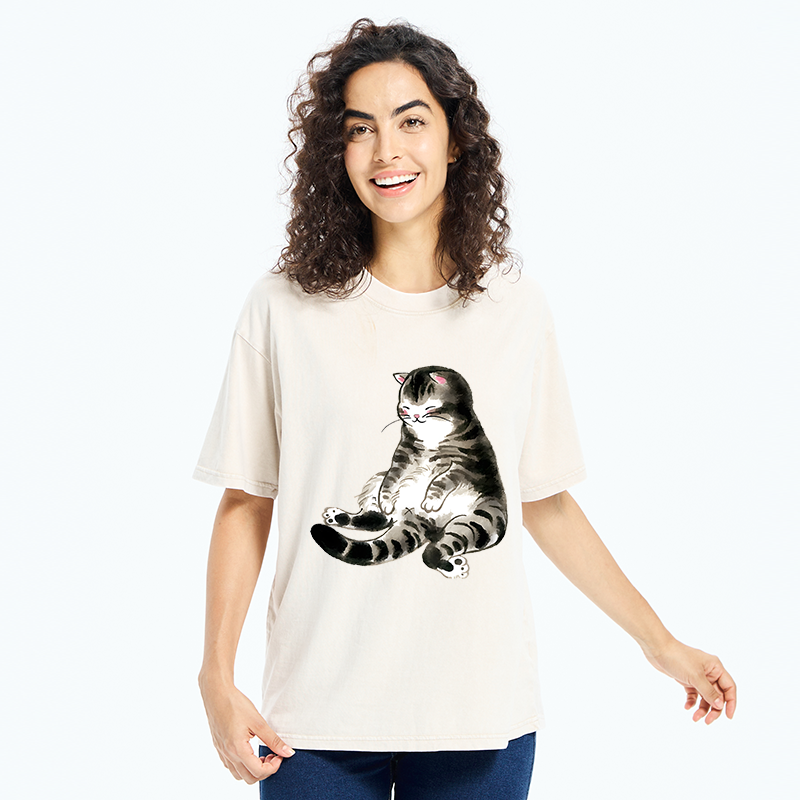Tokyo-Tiger Ink Painting Cute Cat Washed T-Shirt