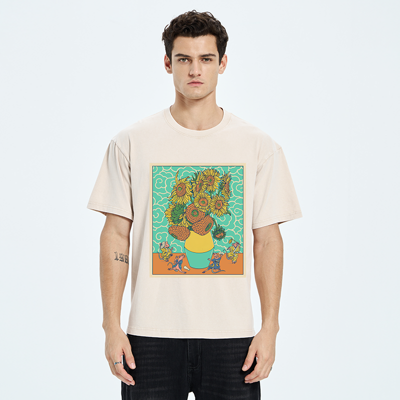 Tokyo-Tiger Japanese Mouse Dancing Sunflower Washed T-Shirt