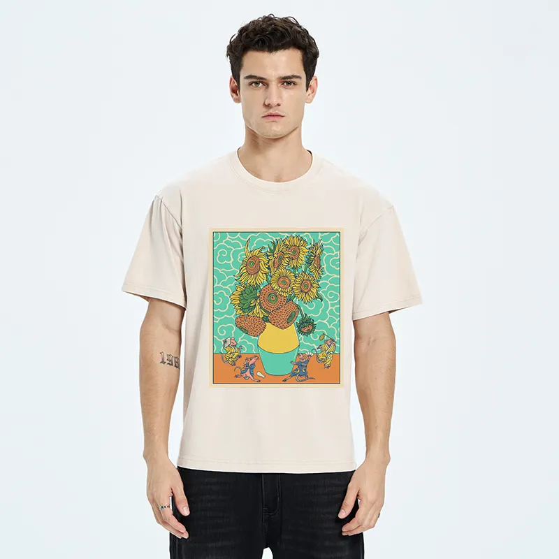 Tokyo-Tiger Japanese Mouse Dancing Sunflower Washed T-Shirt