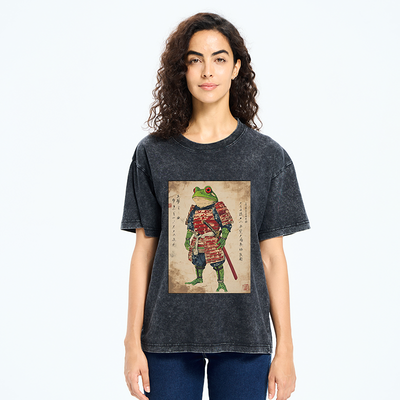 Tokyo-Tiger Retro Frog Samurai Portrait Washed T-Shirt