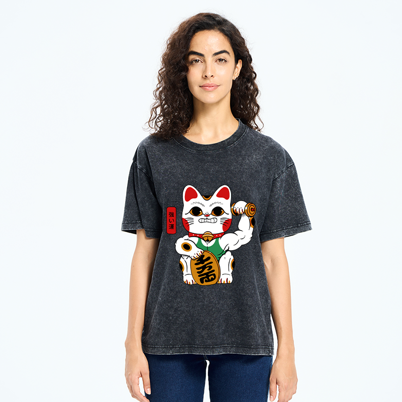 Tokyo-Tiger Muscular Lucky Cat Washed T-Shirt