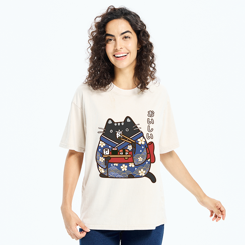 Tokyo-Tiger Geisha Cat Sushi Washed T-Shirt