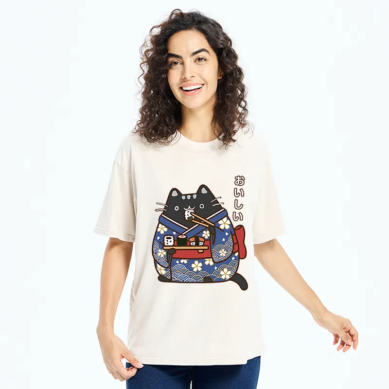 Tokyo-Tiger Geisha Cat Sushi Washed T-Shirt