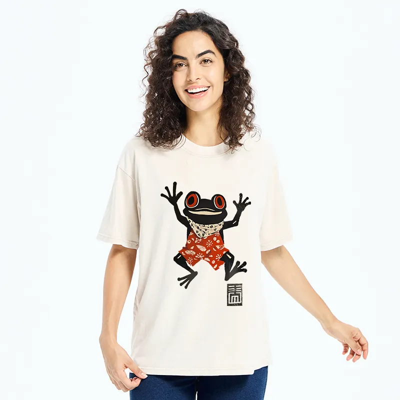 Tokyo-Tiger Japanese Happy Frog Ukiyoe Washed T-Shirt
