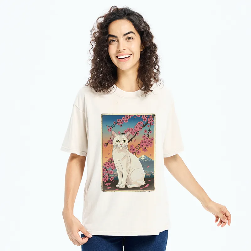 Tokyo-Tiger Sakura Fuji And Cat Japanese Art Washed T-Shirt