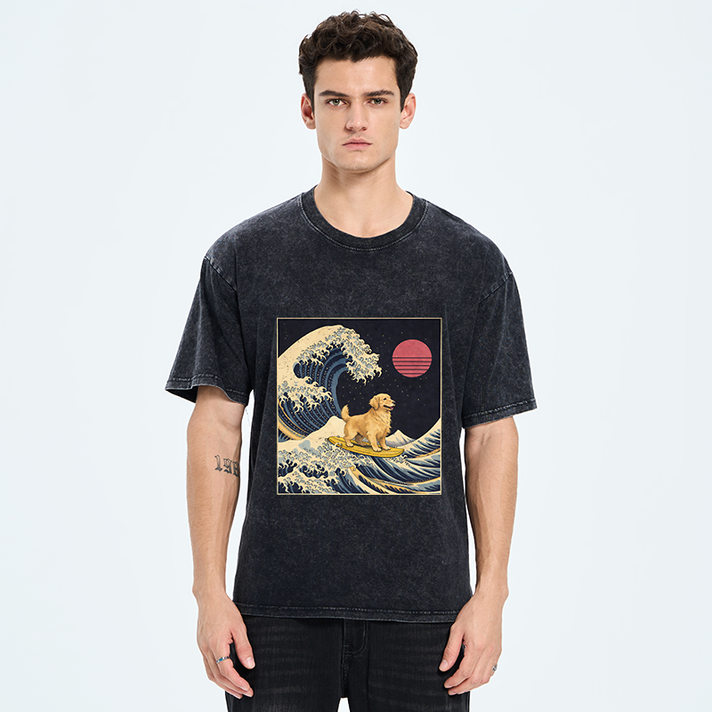 Tokyo-Tiger The Great Wave Dog Funny Washed T-Shirt