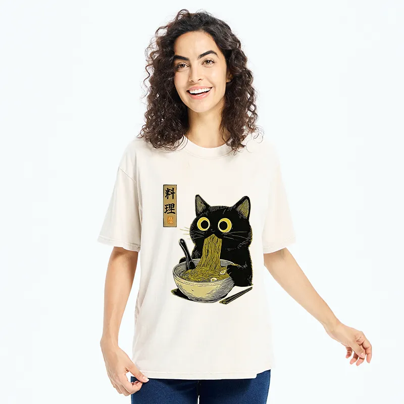 Tokyo-Tiger Japanese Black Cat Ramen Noodle Washed T-Shirt