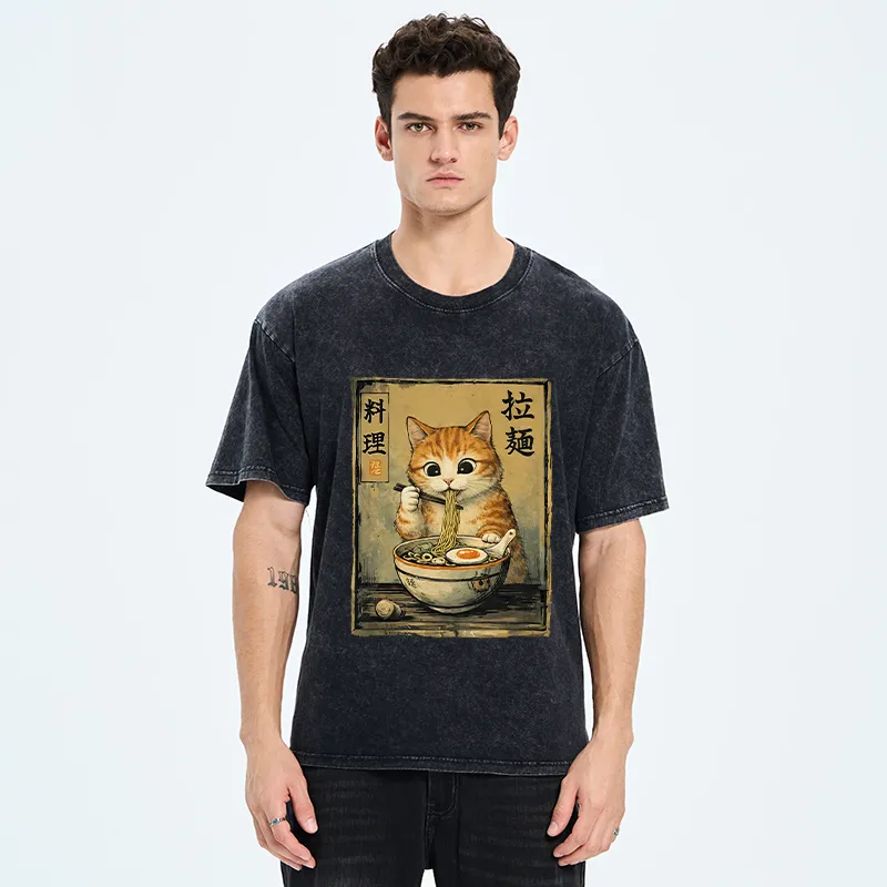 Tokyo-Tiger Retro Ginger Cat Ramen Washed T-Shirt