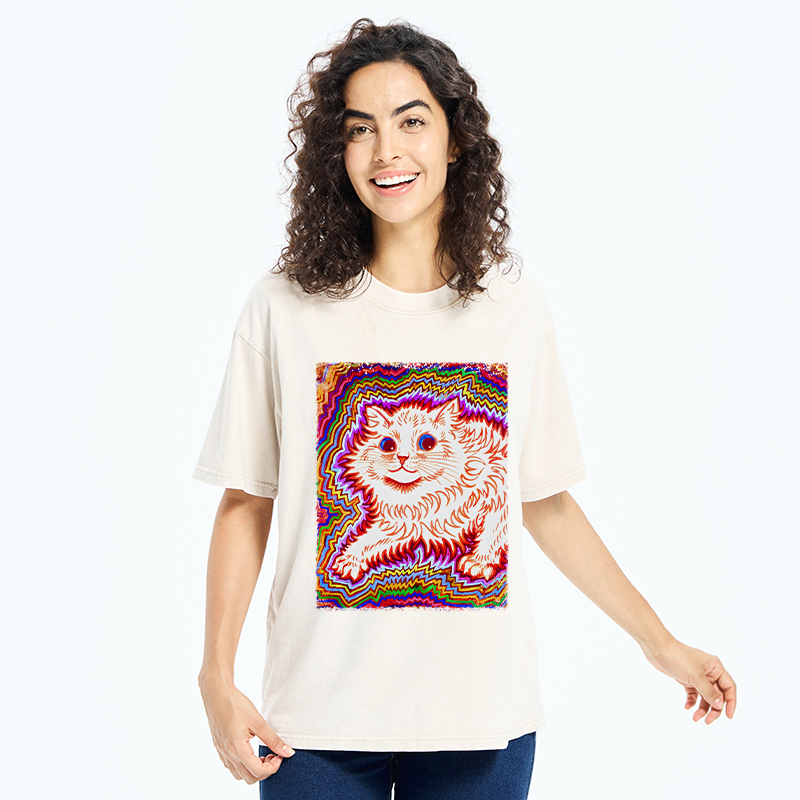 Tokyo-Tiger Rainbow Colorful Cat Washed T-Shirt