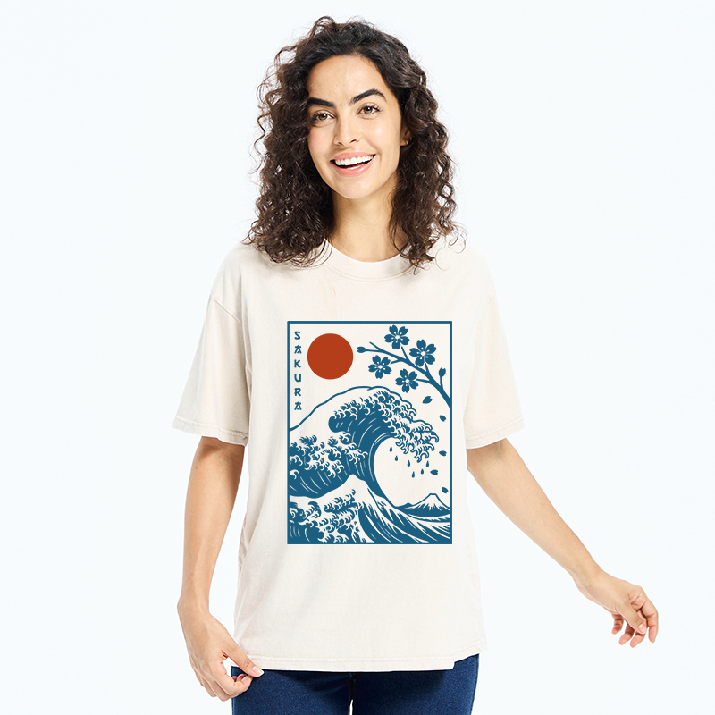 Tokyo-Tiger Japanese The Great Wave And Sakura Washed T-Shirt