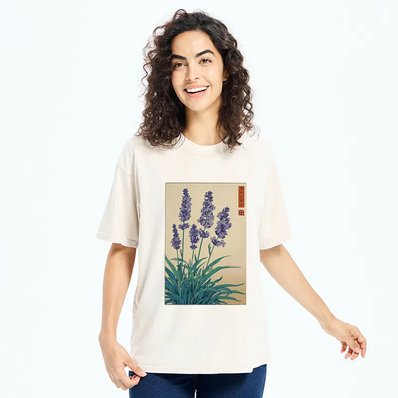 Tokyo-Tiger Japanese Art Lavender Flower Washed T-Shirt