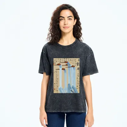 Tokyo-Tiger Vintage Ink Painting Crane Art Washed T-Shirt