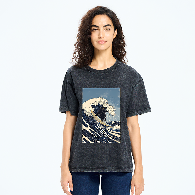 Tokyo-Tiger Black Cat Surfing Wave Japanese Ukiyoe Washed T-Shirt