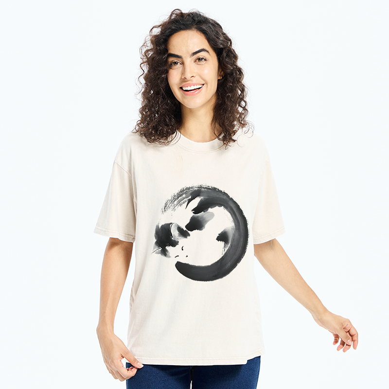 Tokyo-Tiger Inkpainting Cat Zen Enso Washed T-Shirt