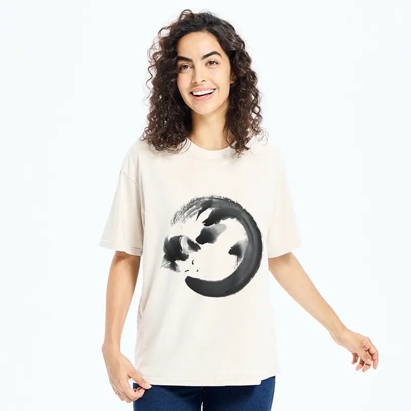 Tokyo-Tiger Inkpainting Cat Zen Enso Washed T-Shirt
