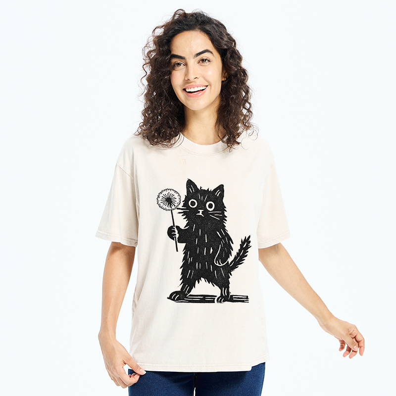 Tokyo-Tiger Cat And Dandelion Woodblock Washed T-Shirt