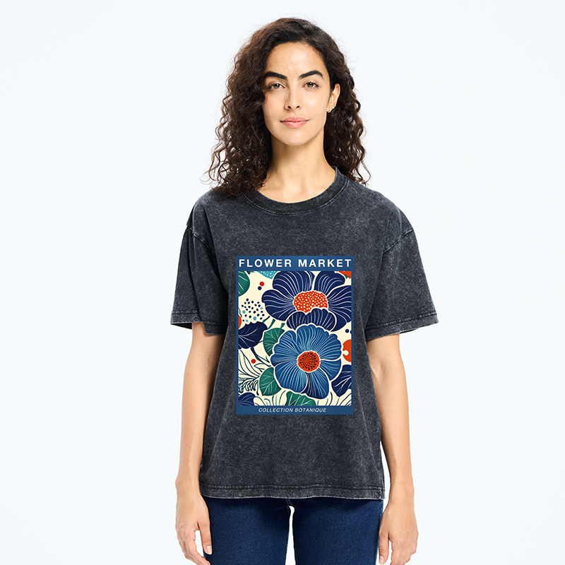 Tokyo-Tiger Blue Flowers Botanical Art Washed T-Shirt