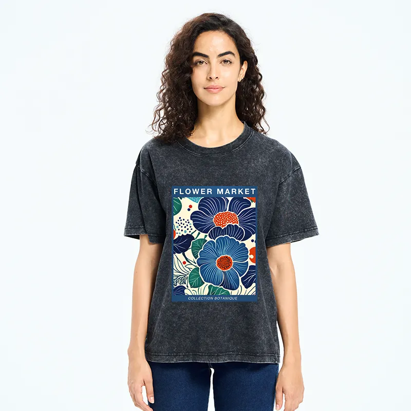 Tokyo-Tiger Blue Flowers Botanical Art Washed T-Shirt
