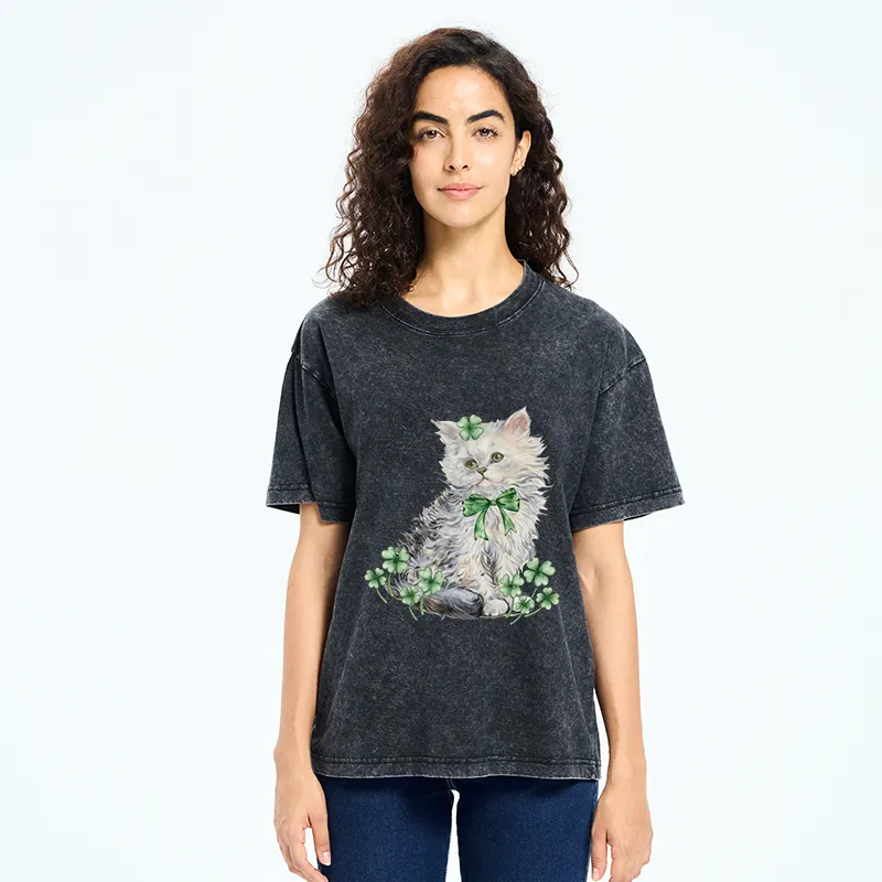 Tokyo-Tiger St Patricks Day Cat Clover Washed T-Shirt