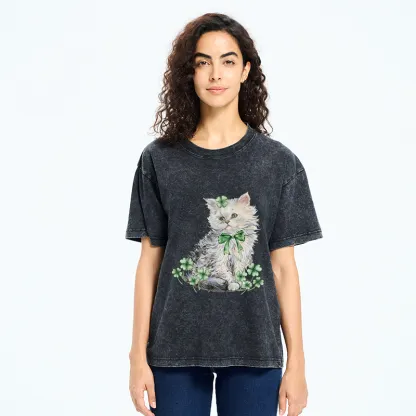Tokyo-Tiger St Patricks Day Cat Clover Washed T-Shirt