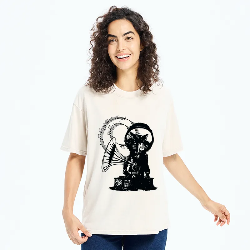 Tokyo-Tiger Vintage Cat Phonograph Music Washed T-Shirt