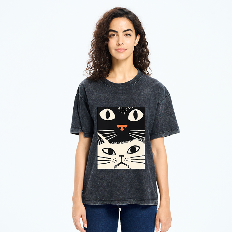 Tokyo-Tiger Black Cat And White Cat Washed T-Shirt