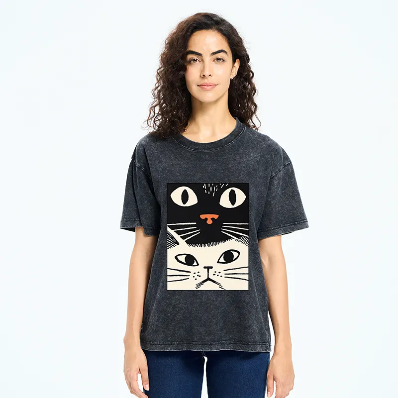 Tokyo-Tiger Black Cat And White Cat Washed T-Shirt