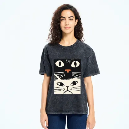 Tokyo-Tiger Black Cat And White Cat Washed T-Shirt