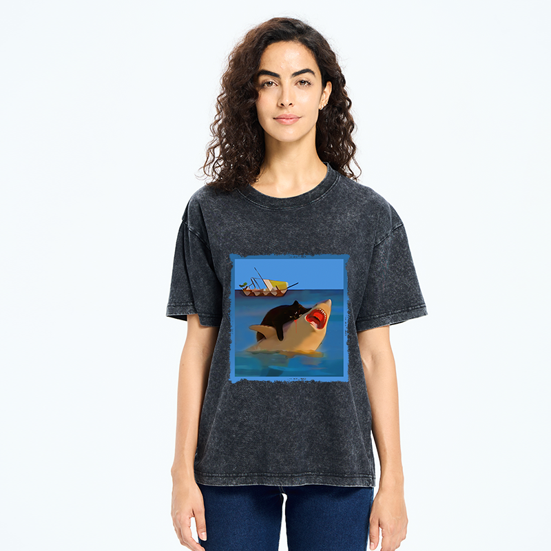Tokyo-Tiger Black Cat With Shark Washed T-Shirt